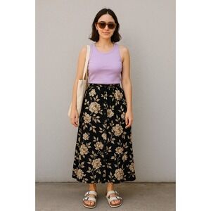 Vintage Vivoli Skirt Womens M Black Button Down Pleated Floral Cottagecore USA